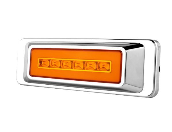 Lámpara demarcadora rectangular led ambar con aro cromado y cables 12 voltios, marca ktcPRECIOS INCLUYEN I.S.V.