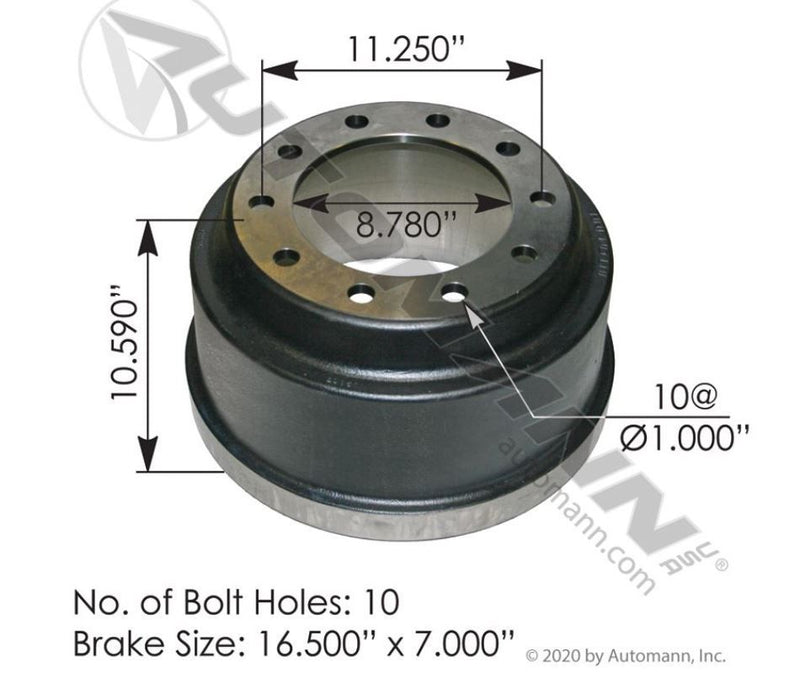 Tambor de frenos trasero (OEM 3600AX) de 10 1/2" de altura, 8 3/4" diametro piloto, 10 agujero 1" de diametro, 16 1/2" x 7" conico para cabezales, marca KTC