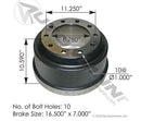 Tambor de frenos trasero (oem 3600ax) de 10 1/2" de altura, 8 3/4" diametro piloto, 10 agujero 1" de diametro, 16 1/2" x 7" conico para cabezales, marca ktc