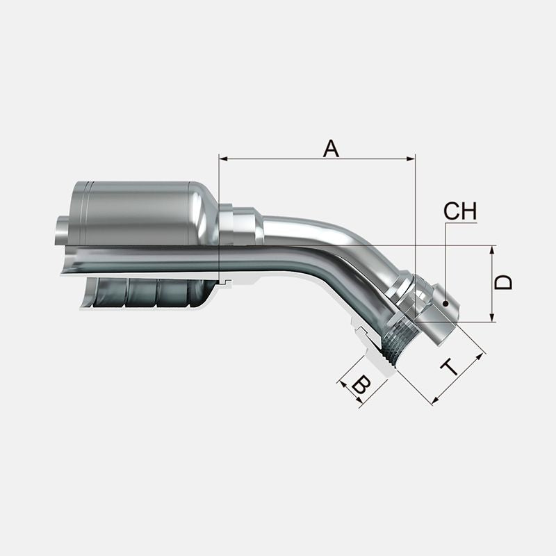 Acople hidráulico de 3/4" manguera de 1 y 2 malla a 3/4" hembra jic en 45° marca covalca