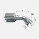 Acople hidráulico de 3/8” manguera de 1 y 2 malla a 3/8” oft hembra en 45° marca Covalca